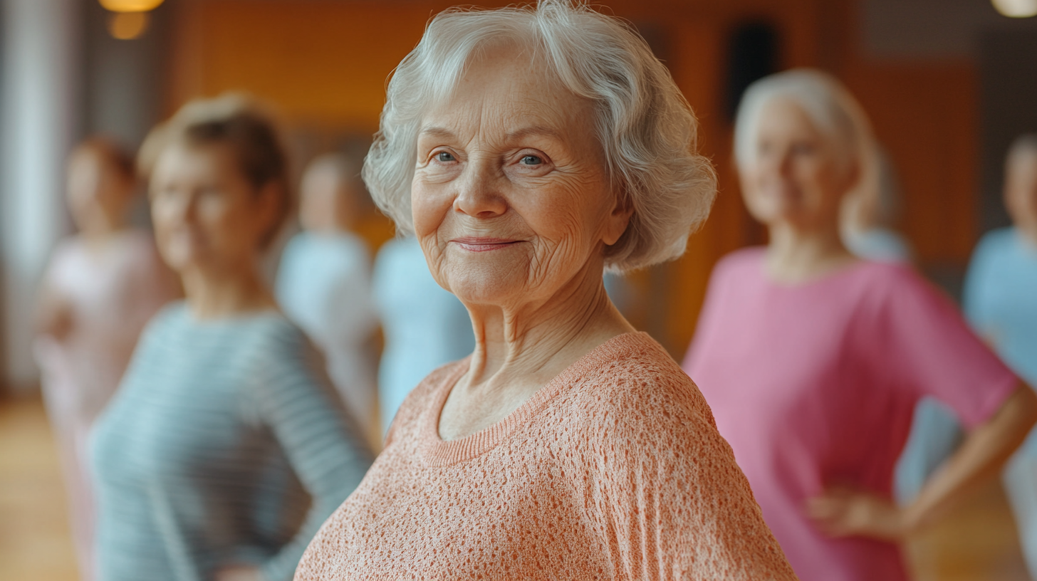 Група старших людей практикує йогу в затишній студії